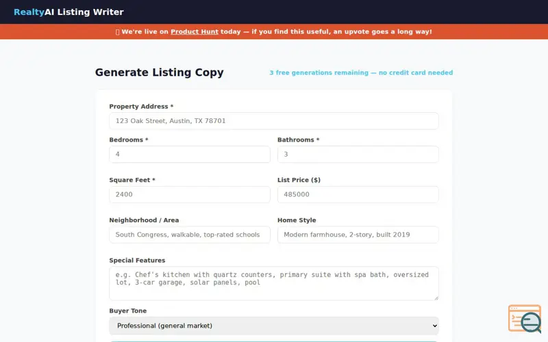 Screenshot of RealtyAI Listing Writer