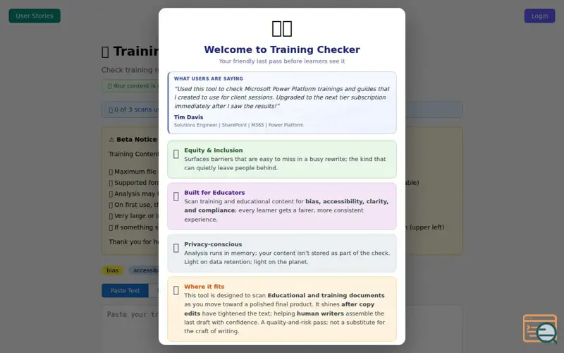 Screenshot of Training Content Checker