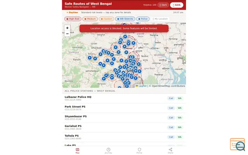 Screenshot of WB Women Safety Navigator