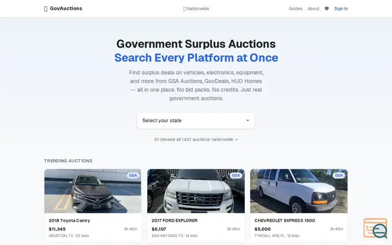 Screenshot of GovAuctions lets you browse government auctions at once