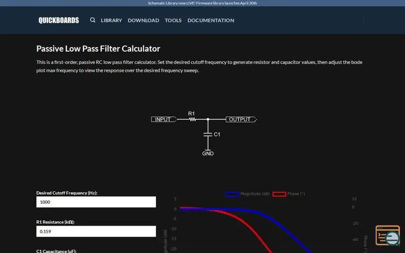 Screenshot of Passive Low Pass Filter Calculator
