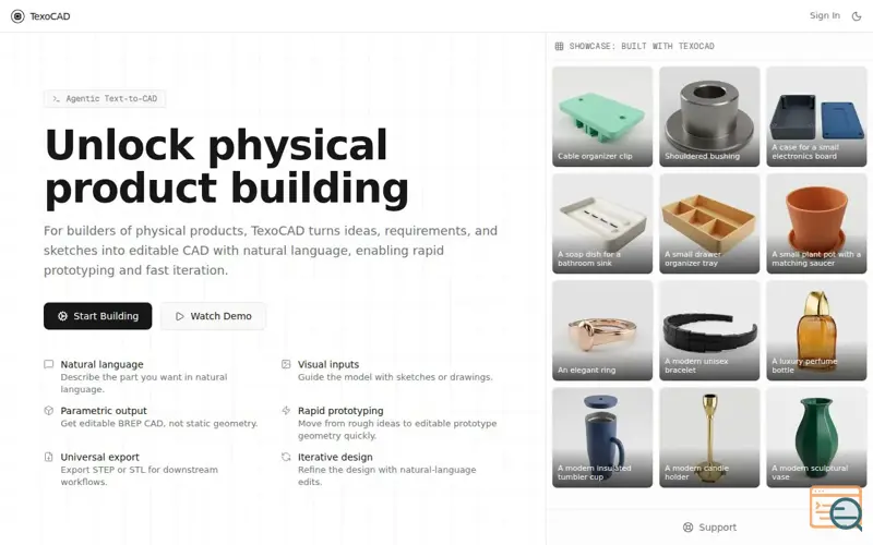 Screenshot of TexoCAD – Lovable for Hardware