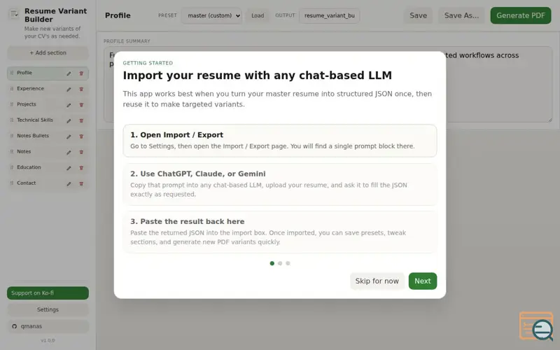 Screenshot of Local-first resume generator with in-browser PDF rendering