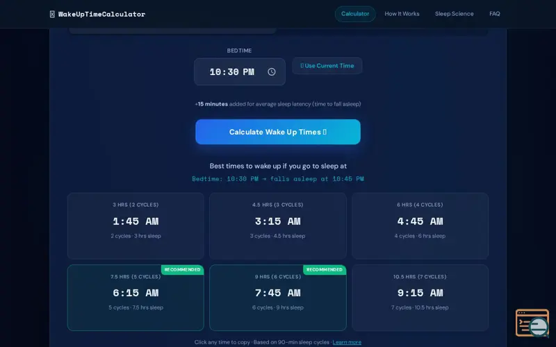 Screenshot of WakeUpTimeCalculator.com