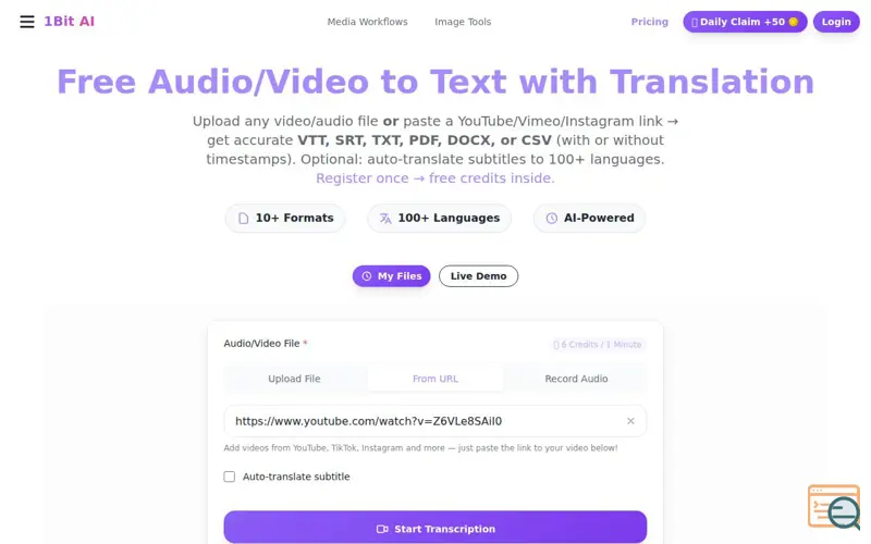 Screenshot of Free YouTube Transcript