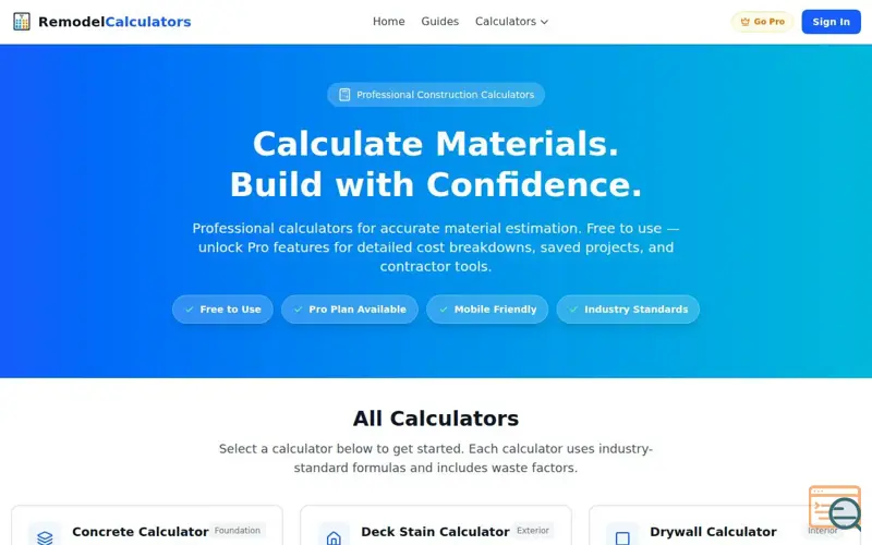 Screenshot of Remodel Calculators