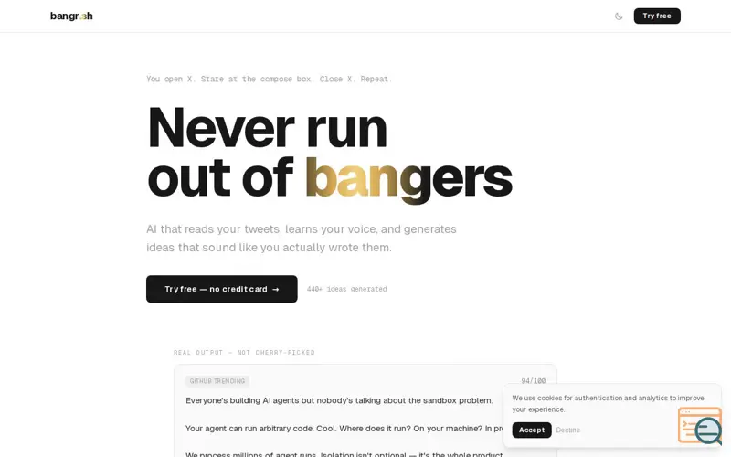 Screenshot of bangr.sh — Never run out of bangers