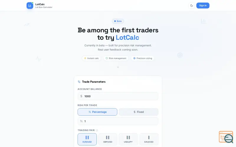 Screenshot of LotCalc — Forex Lot Size Calculator