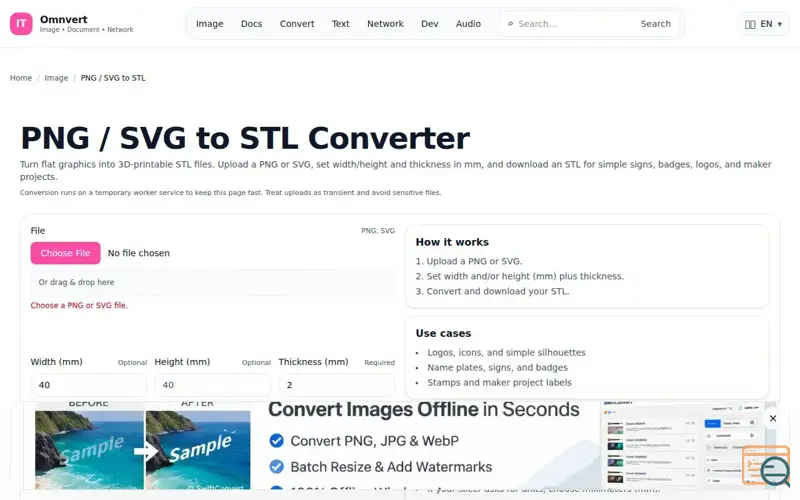 Screenshot of I built a free web tool to convert PNG/SVG files to 3D printable STLs