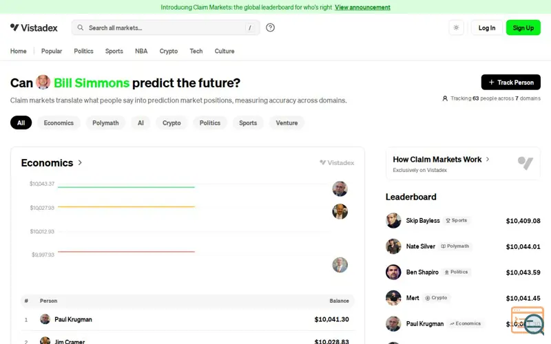 Screenshot of Vistadex Claim Markets