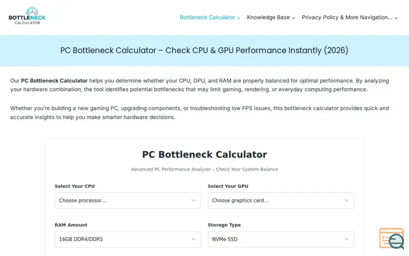 Screenshot of PC bottleneck calculator 
