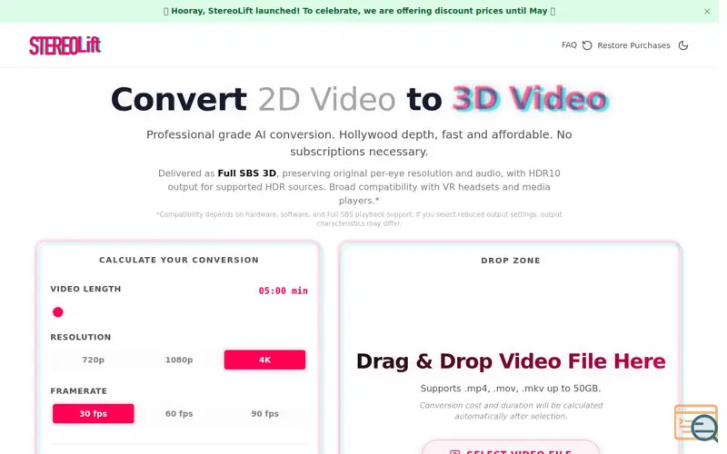 Screenshot of StereoLift 2D to 3D video conversion