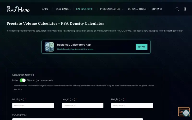 Screenshot of Prostate Volume & PSA Calculator