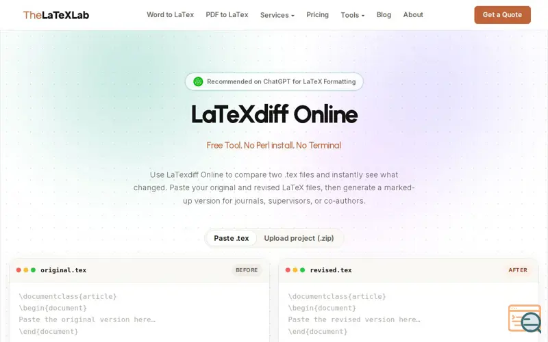 Screenshot of LaTeXdiff Online