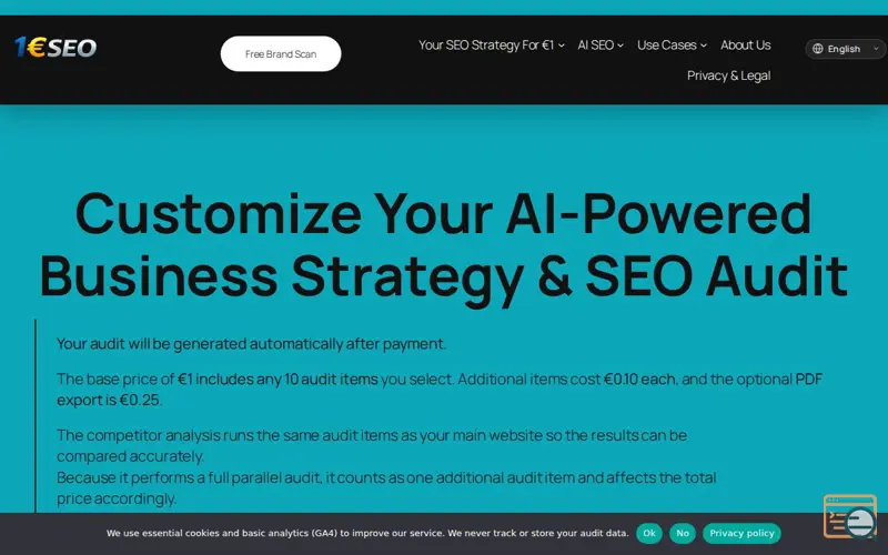 Screenshot of 1EuroSEO — €1 AI‑Driven SEO Intelligence