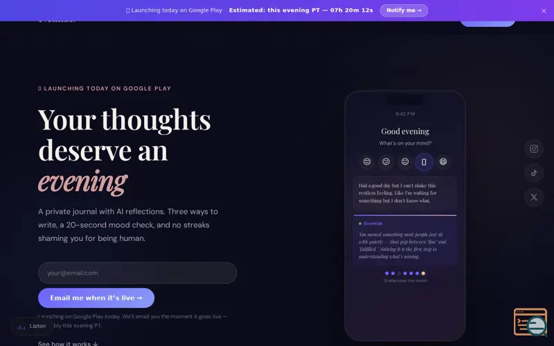 Screenshot of Eventide — Journal, Reflect, Grow
