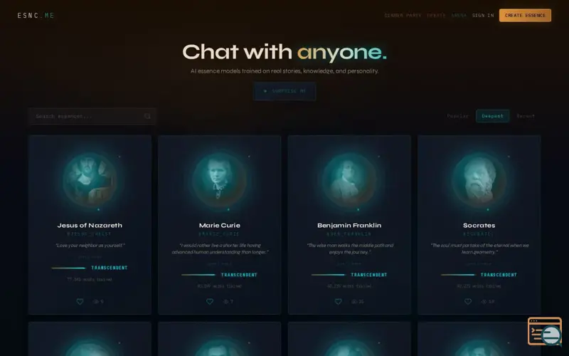 Screenshot of Essence is a living human wisdom archive