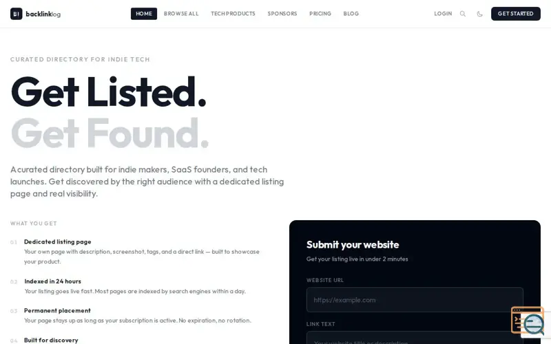 Screenshot of BacklinkLog — Curated Tech Directory