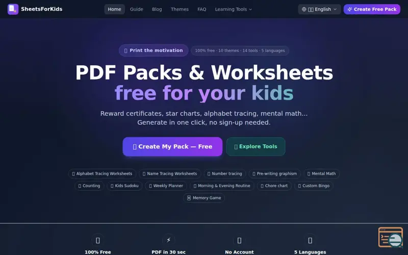 Screenshot of SheetsForKids