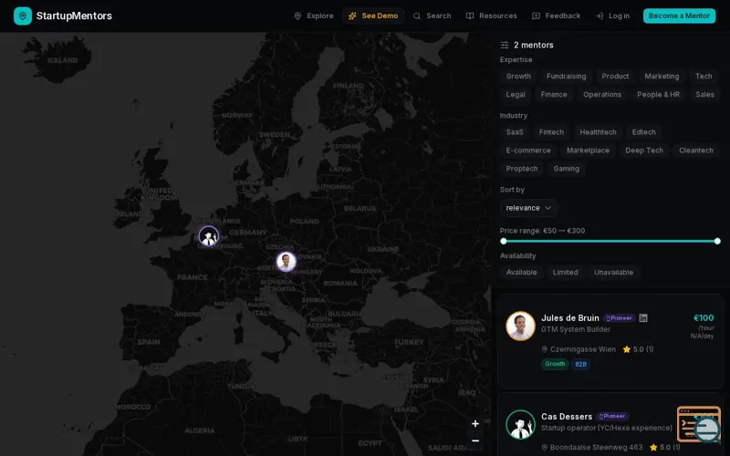 Screenshot of Startup Mentors Map