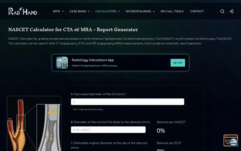 Screenshot of NASCET Calculator for CTA & MRA