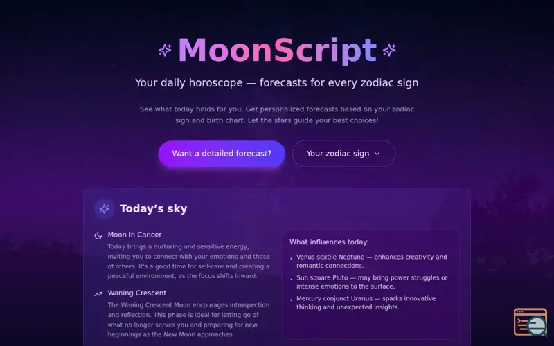 Screenshot of MoonScript - AI daily horoscope